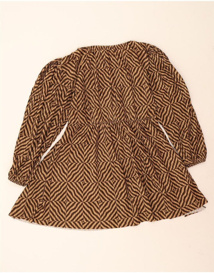 Zara Womens Long Sleeve A-Line Dress UK 14 Medium Brown Striped Polyester
