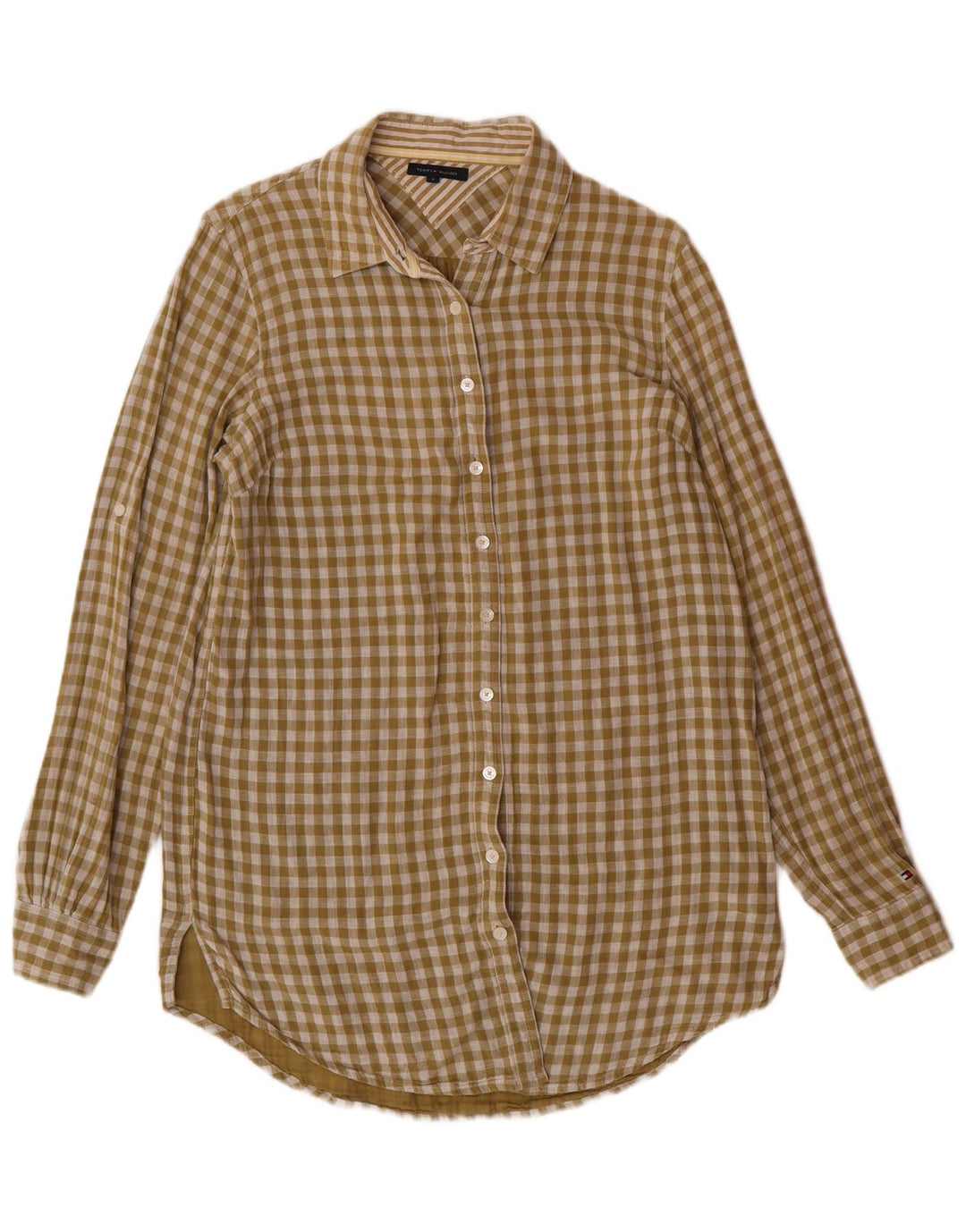 TOMMY HILFIGER Longline skjorte til kvinder US 8 Medium Green Gingham Cotton