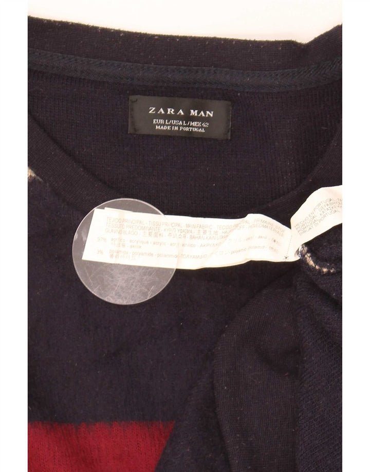 Zara Mens Crew Neck Jumper Sweater Large Multicoloured Striped Acrylic