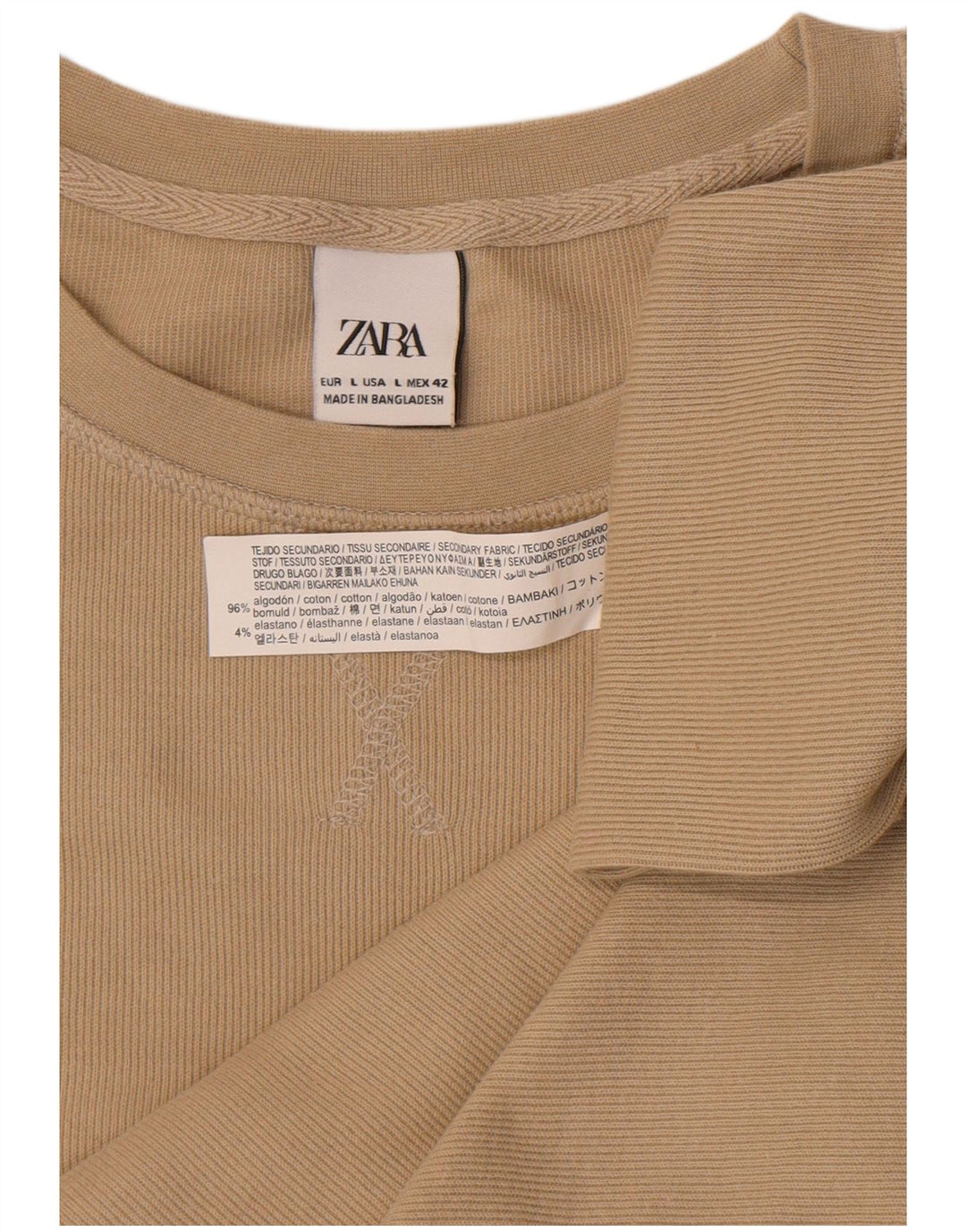 Zara Mens Top Long Sleeve Large Beige Cotton