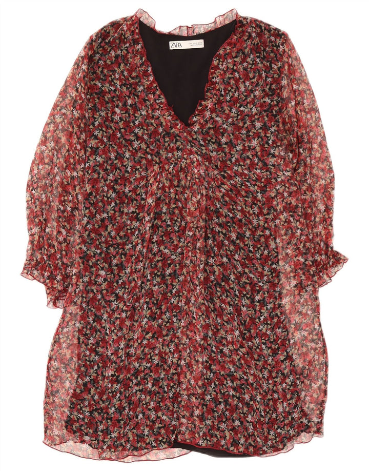 Zara Dame Langærmet Skift Kjole UK 10 Small Red Floral Polyester