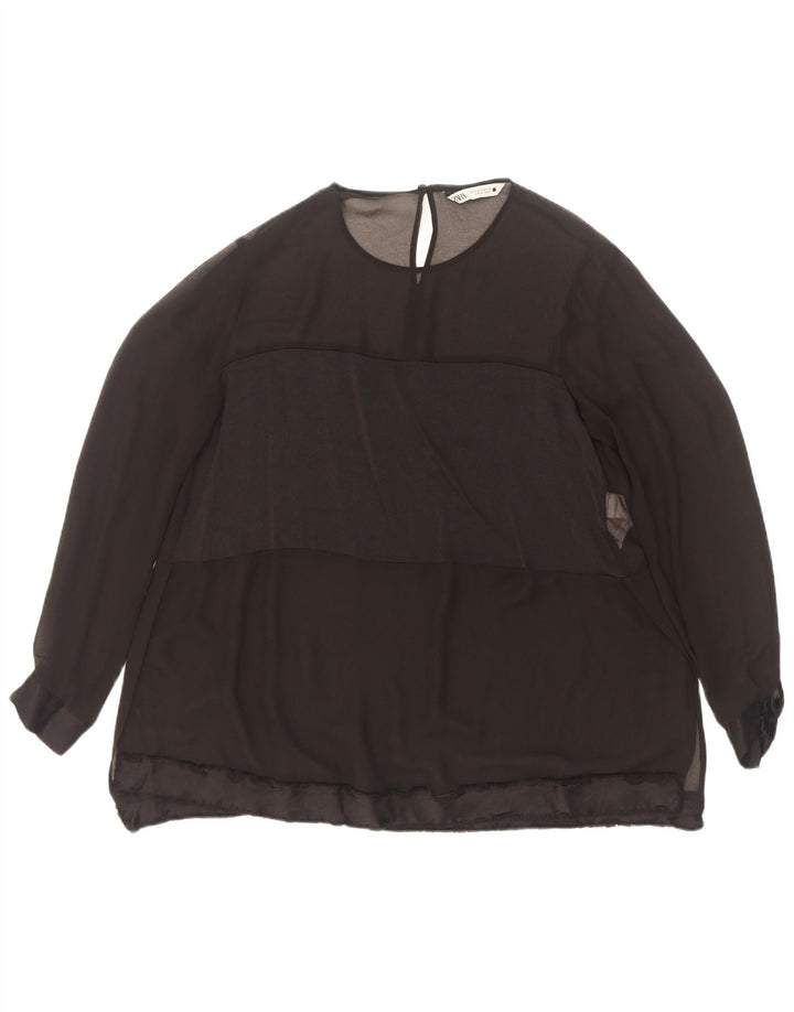 Zara Mujer Blusa Manga Larga Top UK 10 Small Poliéster Negro
