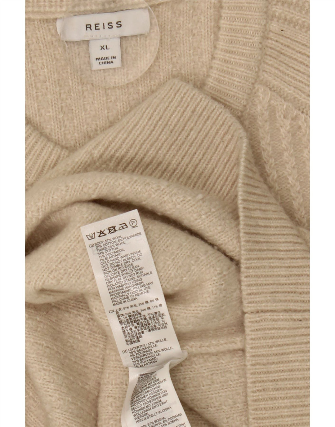 Reiss Mens Crew Neck Jumper Sweater XL Beige Wool