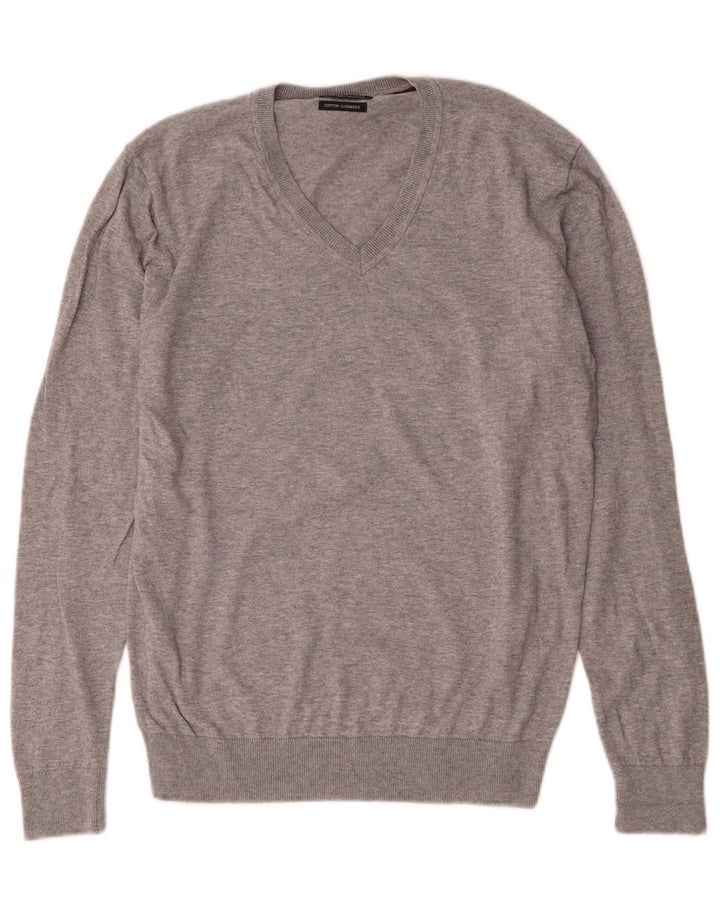 Zara Mens V-Neck Jumper Sweater Large Grey Flecked Cotton