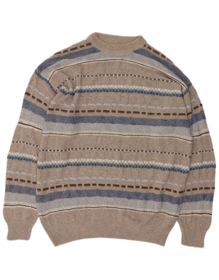 Vintage Mens Crew Neck Jumper Sweater Large Grey Geometric