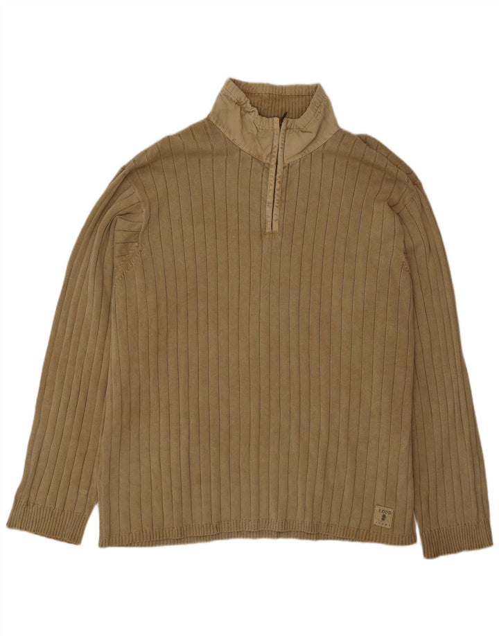 Izod Mens Zip Neck Jumper Sweater XL Brown Cotton