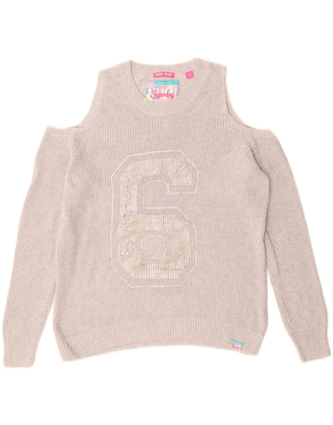 SUPERDRY Womens Graphic Boat Neck Jumper Sweater UK 14 Medium Grey
