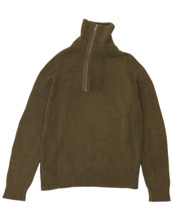 Zara Mens Zip Neck Jumper Sweater Medium Green Cotton