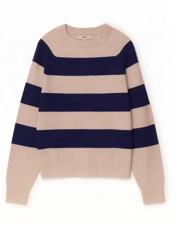 Marks & Spencer Γυναικείο πουλόβερ με λαιμό σκακιέρα UK 10 Small White ριγέ