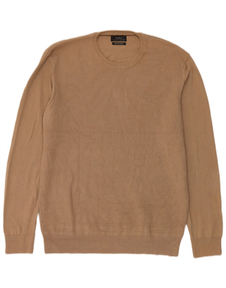 Zara Mens Crew Neck Jumper Sweater Large Beige Cotton