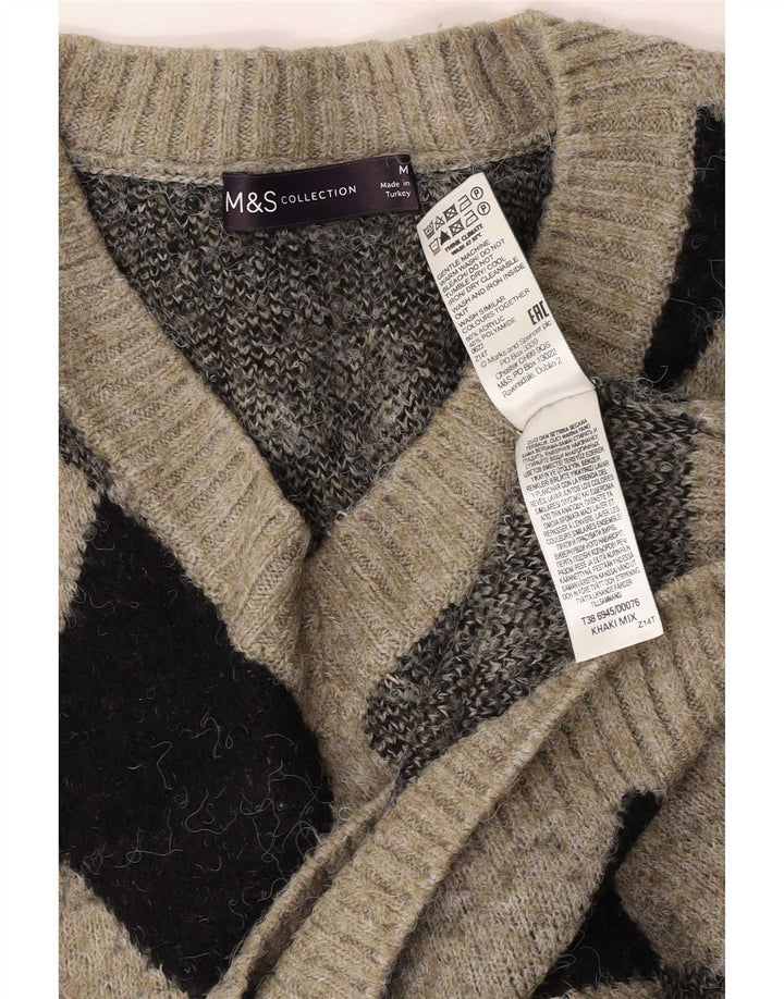 Marks & Spencer Mens V-Neck Jumper Sweater Medium Khaki Argyle/Diamond