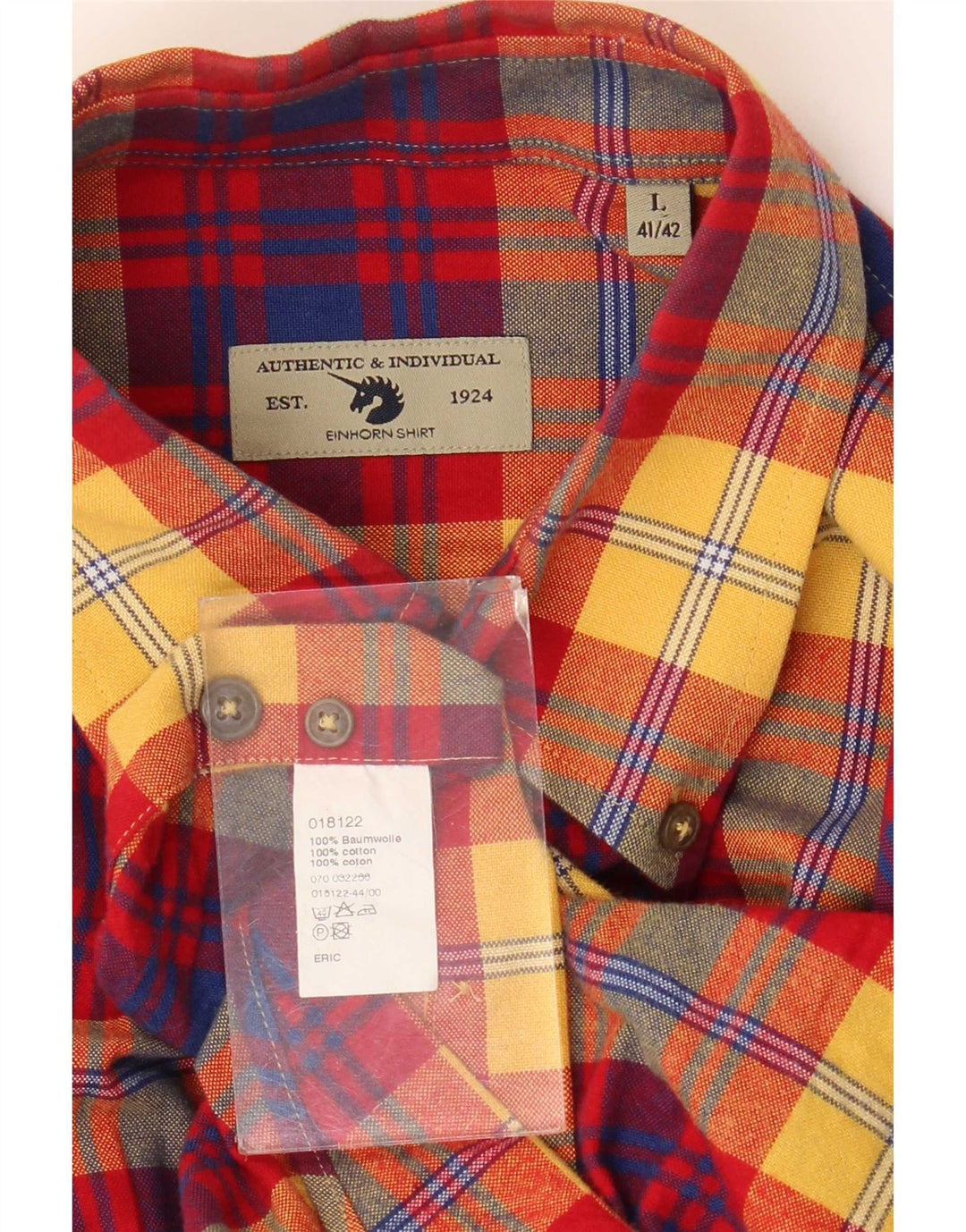 Einhorn Mens Flannel Shirt Size 41/42 Large Red Check Cotton