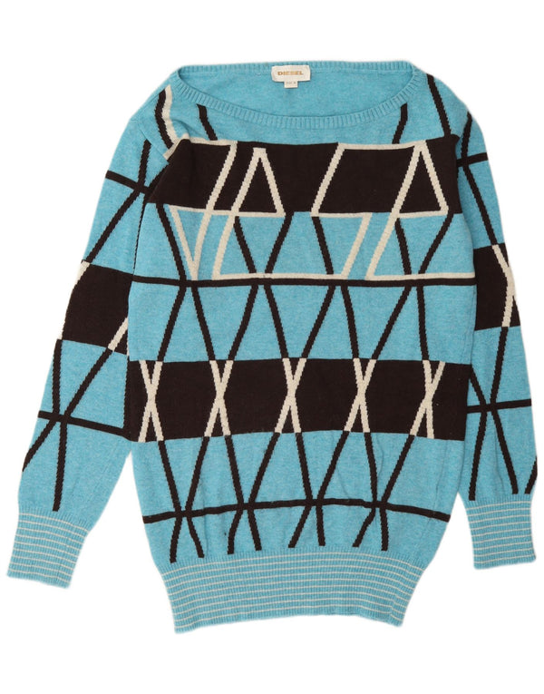 Diesel Dame Boat Neck Jumper Sweater UK 14 Medium Blue Geometric Wool