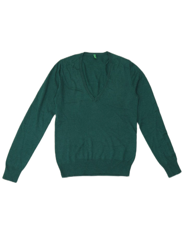 Benetton Womens V-Neck Jumper Sweater UK 6 XS Green Viscose