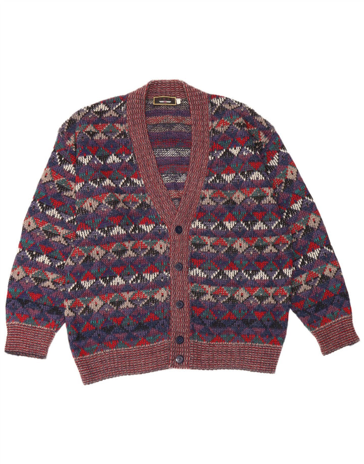 vintage Mens Cardigan Sweater Grande laine géométrique multicolore