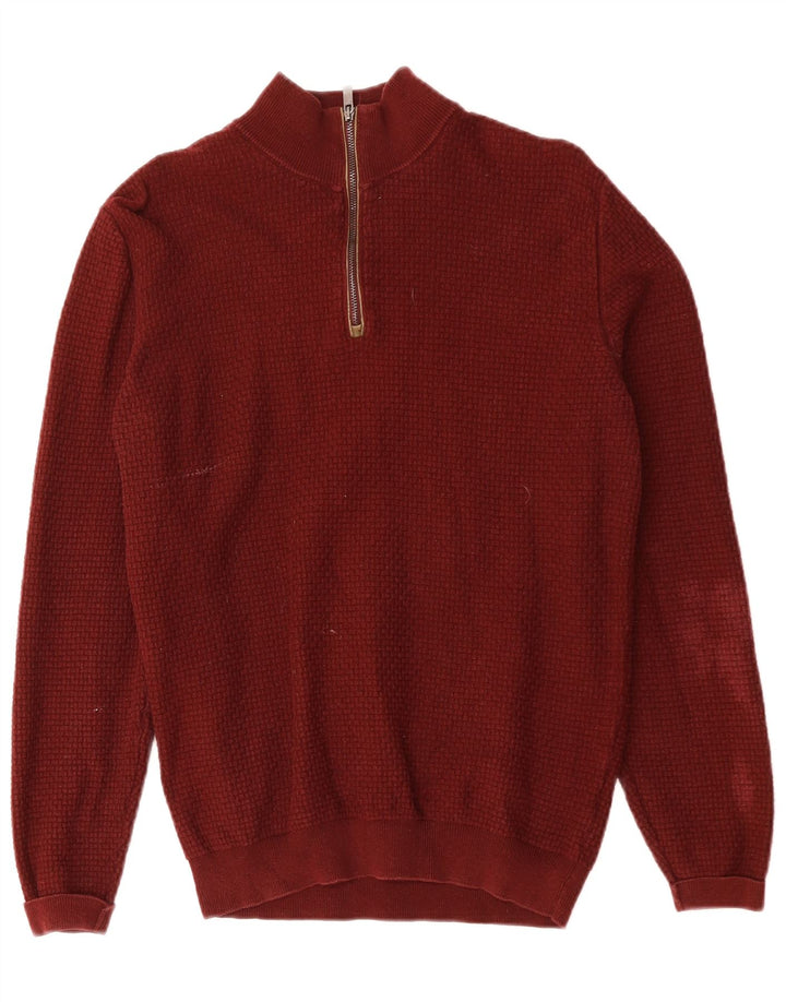 MASSIMO DUTTI Mens Zip Neck Jumper Sweater Small Burgundy Cotton