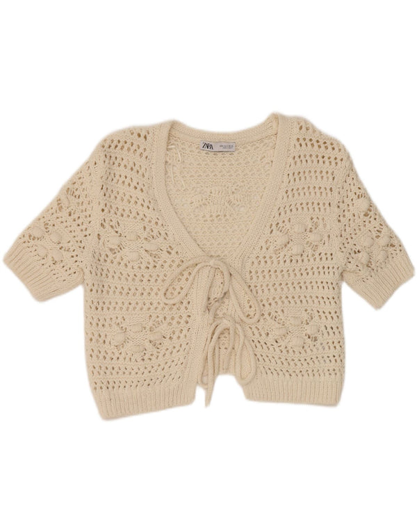 Zara - Cárdigan corto de manga corta para mujer, talla 40, talla mediana, color blanco floral