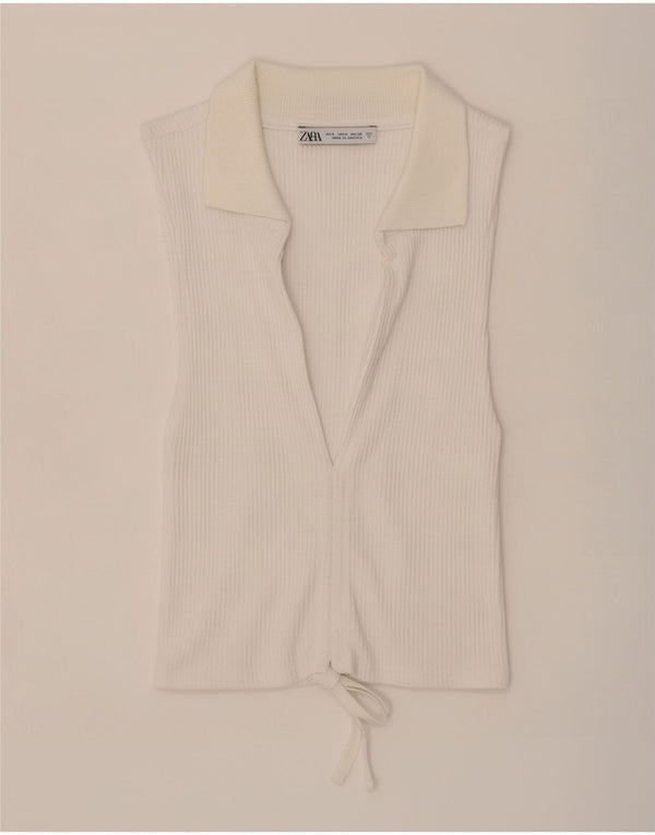 Zara Womens Crop Sleeveless Polo Shirt UK 8 Small White Cotton