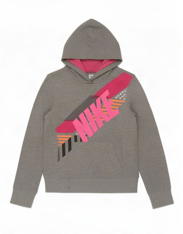 Nike Girls Graphic Hoodie Jumper 10-11 Years Medium Grey Cotton