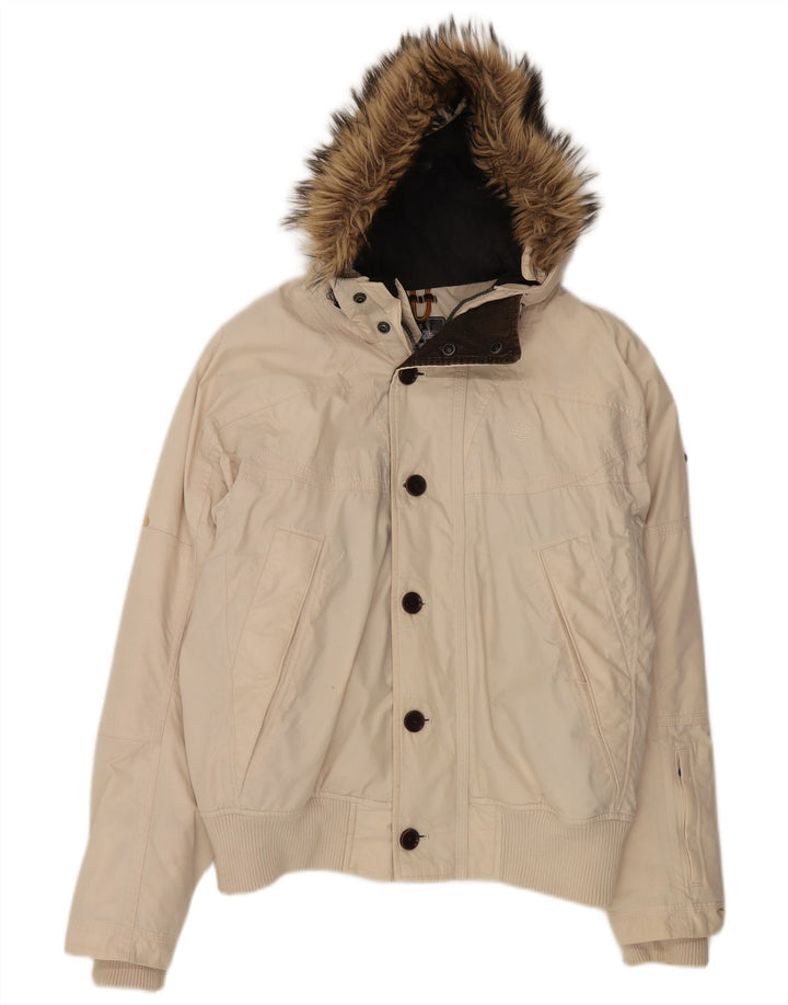 Timberland Mens Hooded Bomber Jacket UK 38 Medium Beige Cotton