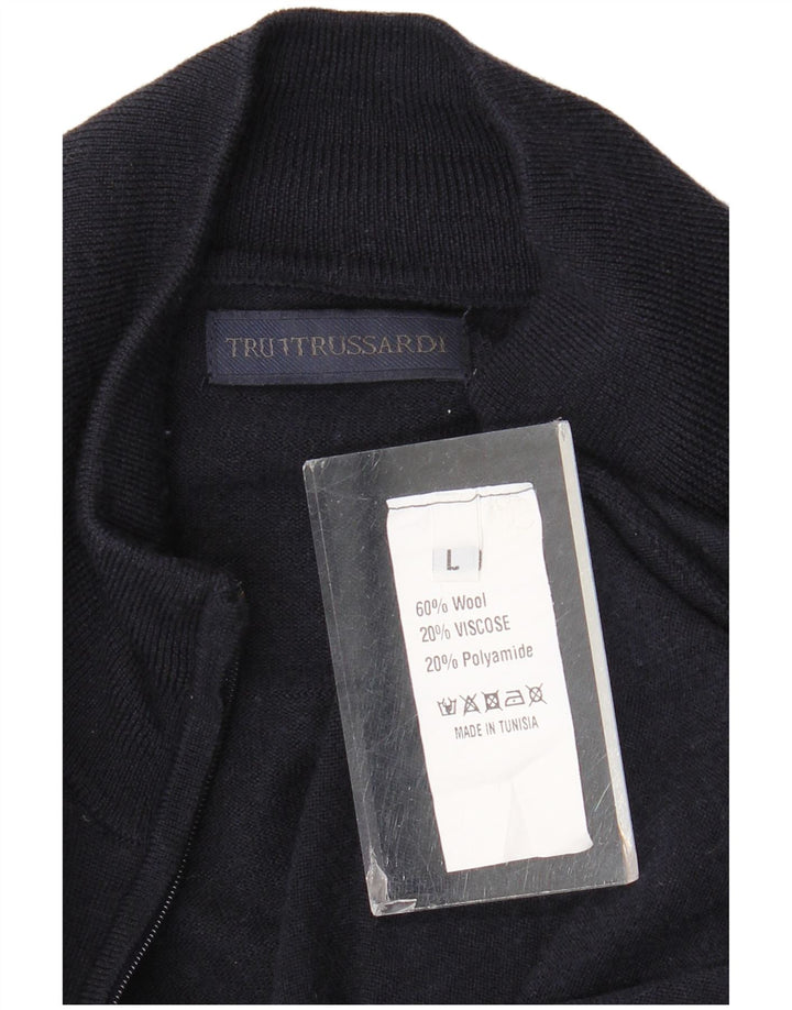 Trussardi Mens Cardigan Sweater Large Navy Blue Wool
