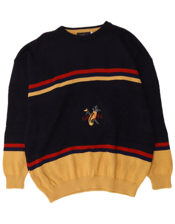 Vintage Mens Graphic Crew Neck Jumper Sweater XL Navy Blue Colourblock