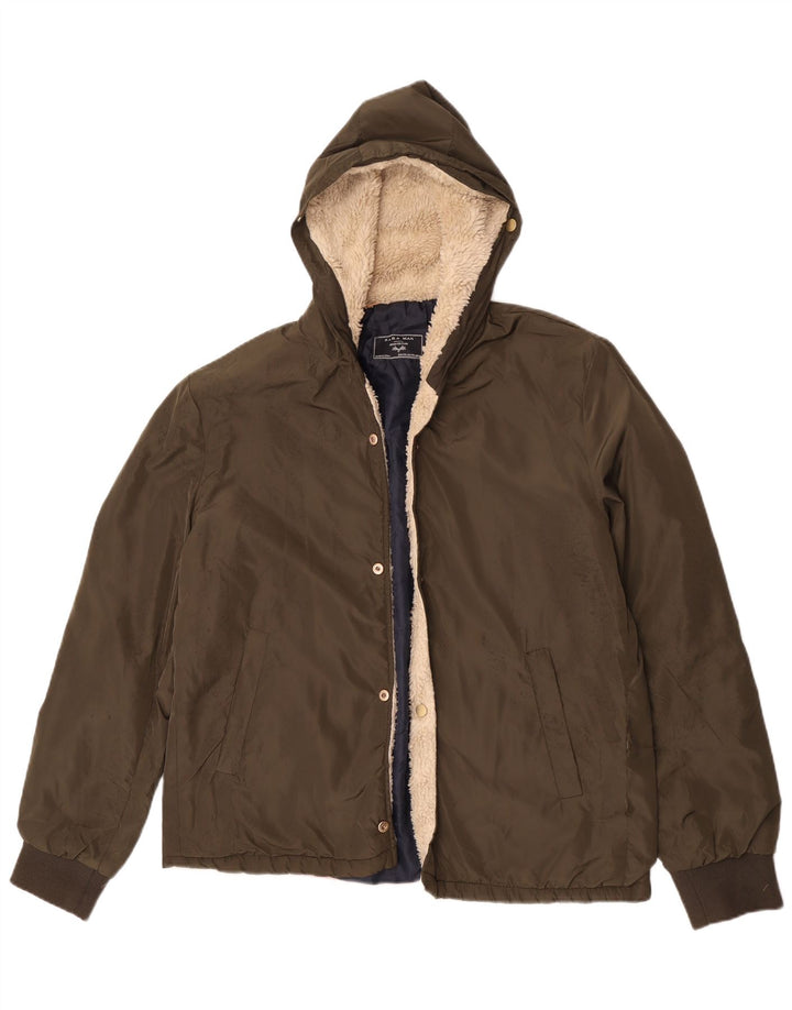 Zara Mens Hooded Bomber Jacket UK 44 2XL Khaki Polyester