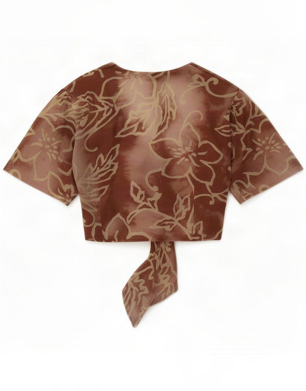 Vintage Womens Crop Front Tie Bluse Top UK 12 Medium Brown Floral
