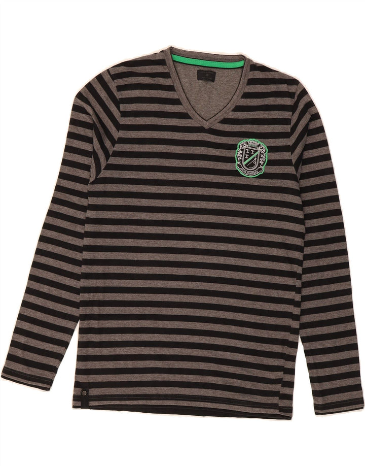 JACK & JONES Mens Top Long Sleeve Large Grey Striped Cotton Vintage Jack & Jones and Second-Hand Jack & Jones from Messina Hembry 