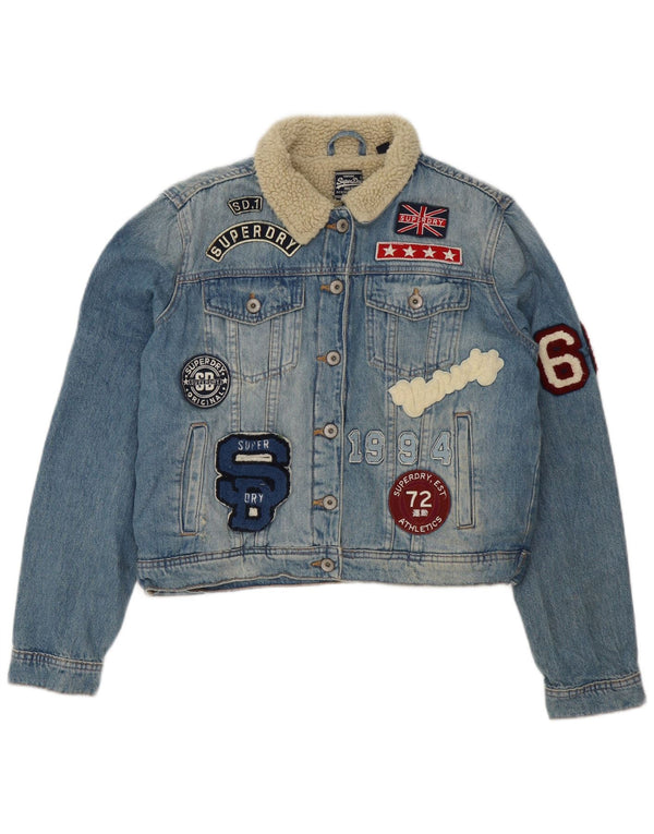 Superdry Damen Crop Graphic Denim Sherpa Jacke UK 16 Large Blau Baumwolle