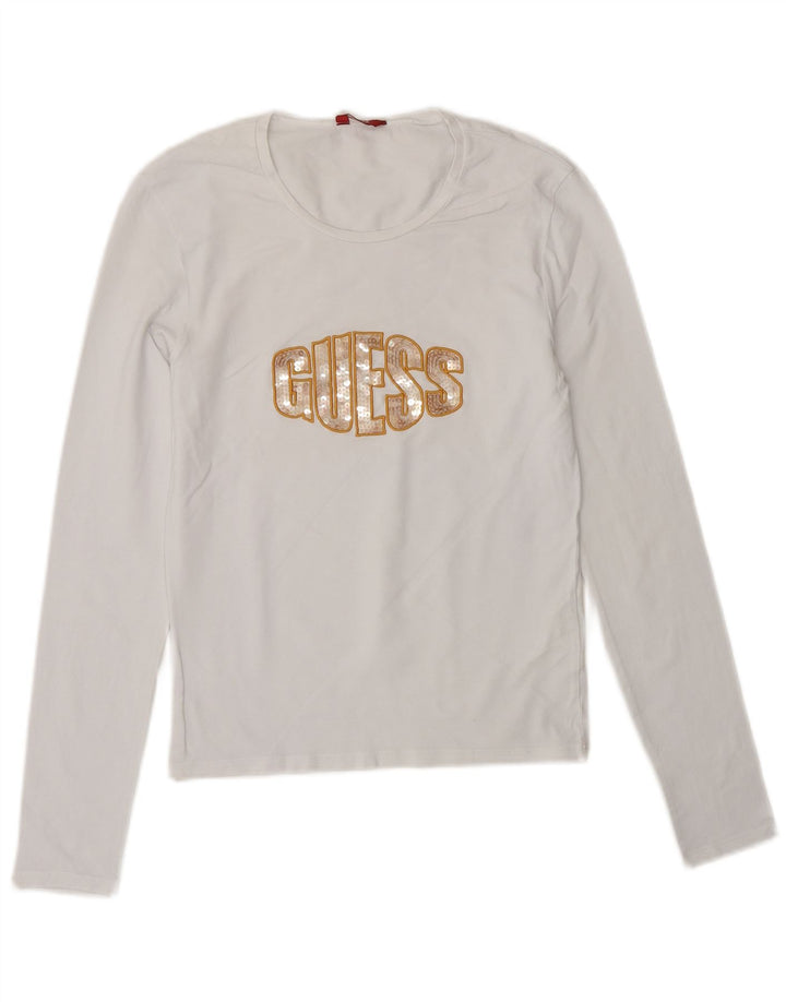 GUESS Womens Graphic Top Long Sleeve UK 12 Medium White Cotton