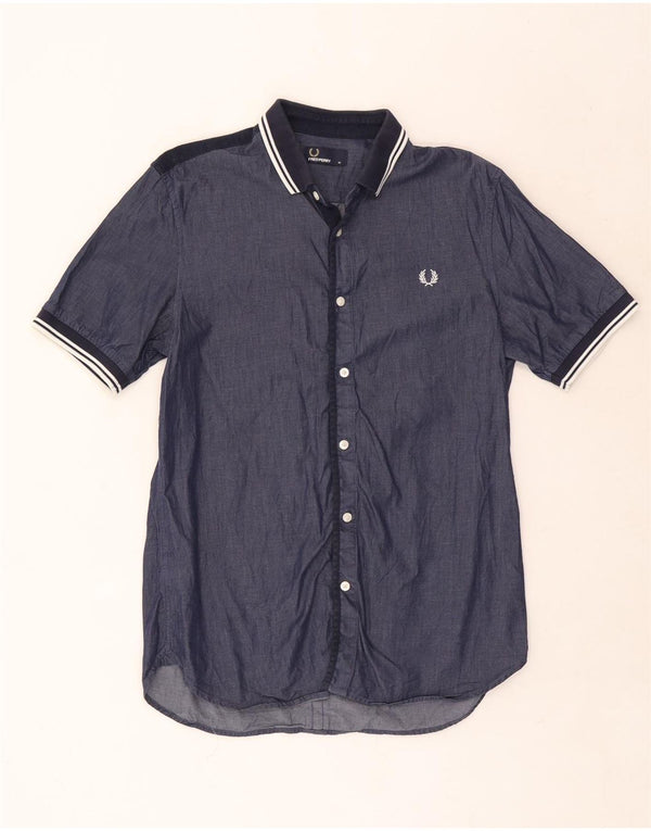 Fred Perry Herre kortærmet skjorte medium marineblå stribet bomuld