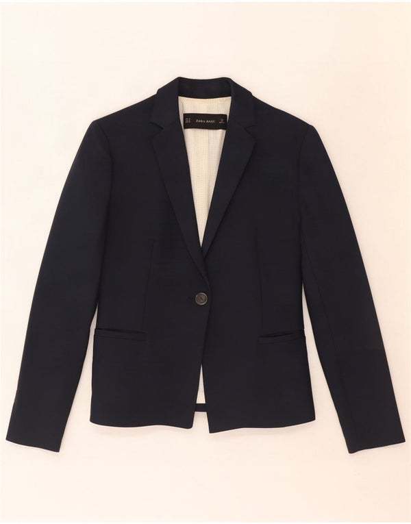 Zara Womens 1 Button Blazer Jacket UK 12 Medium Navy Blue Cotton