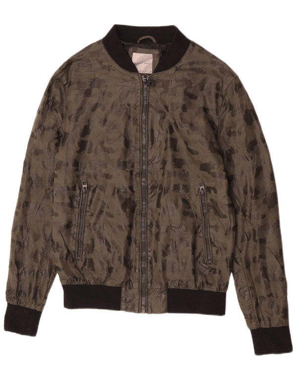 Zara Mens Faux Leather Bomber Jacket UK 38 Medium Khaki Camouflage