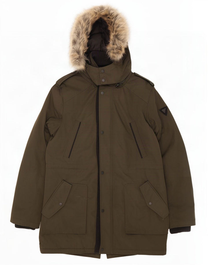 Guess Mens Military Hooded Parka Jacket UK 40 Large Khaki Polyester