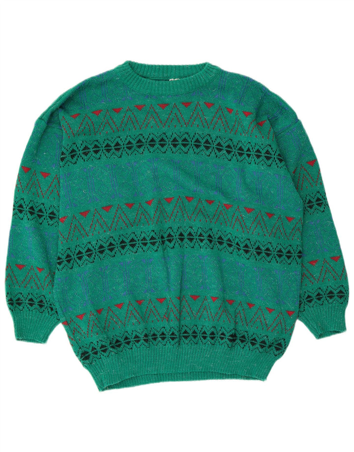 Vintage Mens Crew Neck Jumper Sweater Medium Green Geometric Acrylic