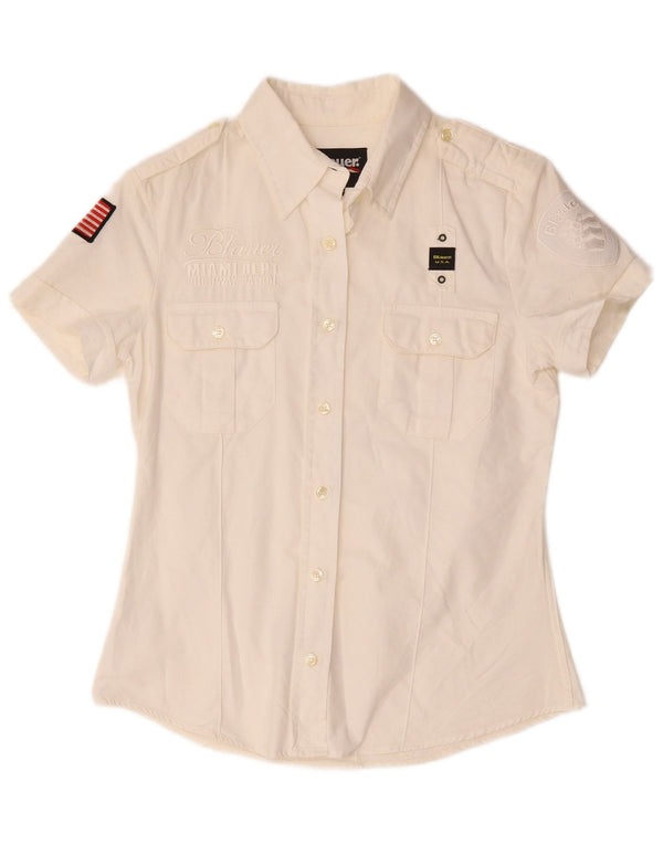 Blauer Chemise graphique à manches courtes pour femme UK 14 Grand coton blanc