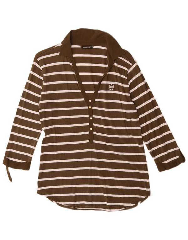 Massimo Dutti Womens 3/4 Sleeve Polo Shirt UK 12 Medium Khaki Striped