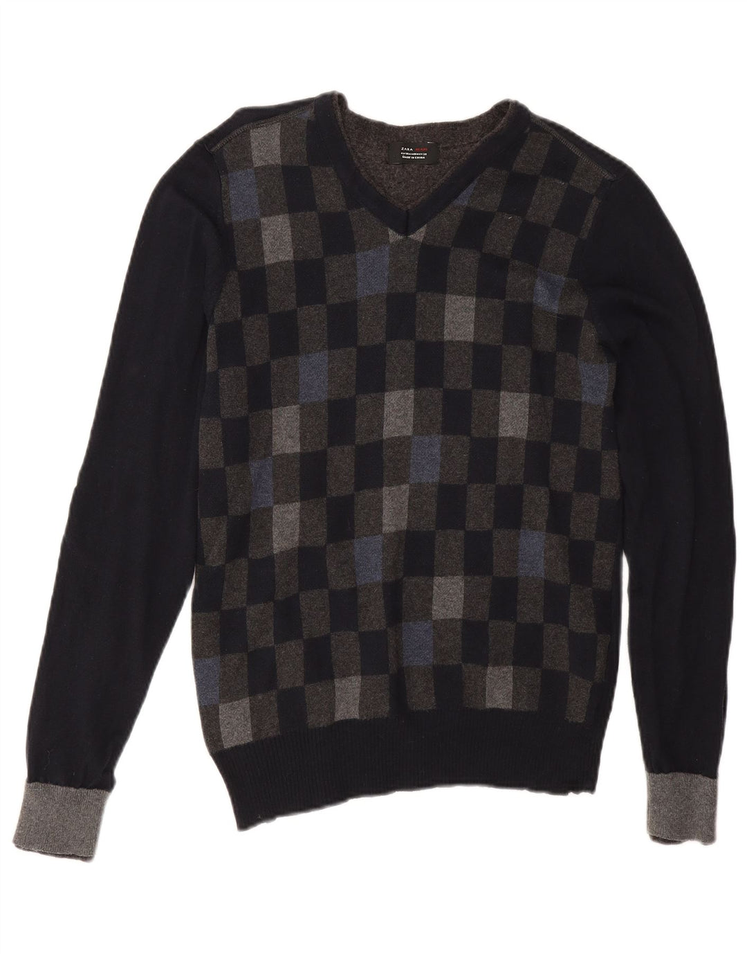 Zara Herren-Pullover mit V-Ausschnitt aus mittelschwarzer, geometrischer Baumwolle