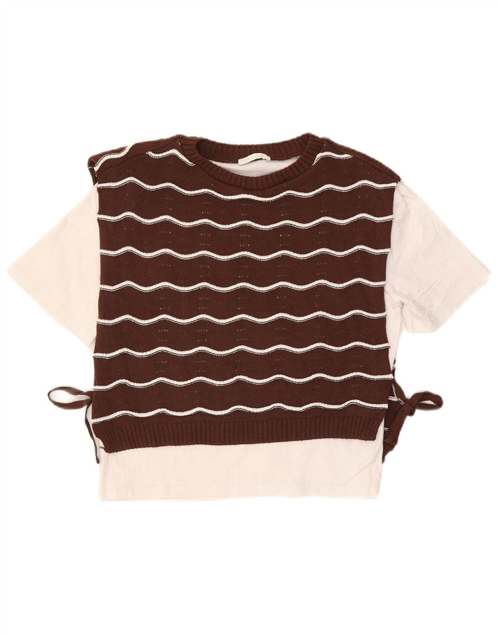 ZARA Pull à col rond pour femme UK 14 Rayé marron moyen
