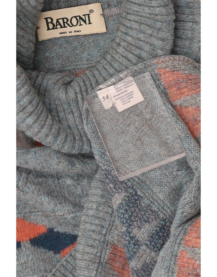 Baroni Mens Roll Neck Jumper Sweater IT 54 XL Blue Geometric Wool