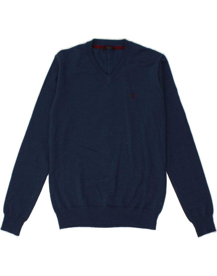 GUESS Mens V-Neck Jumper Sweater Small Navy Blue Acrylic Vintage Guess and Second-Hand Guess from Messina Hembry 