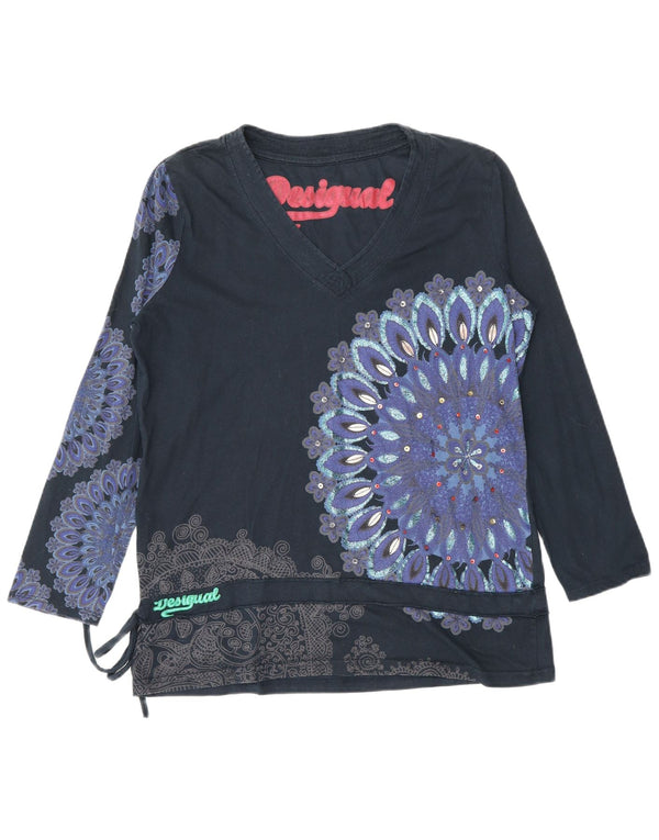 Desigual Donna Graphic Top Manica Lunga UK 18 XL Blu Navy Floreale