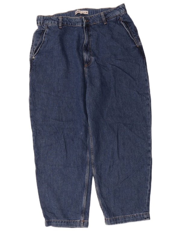 Zara Dame Baggy Højtaljede Cropped Jeans EU 42 Large W32 L24 Blå Bomuld
