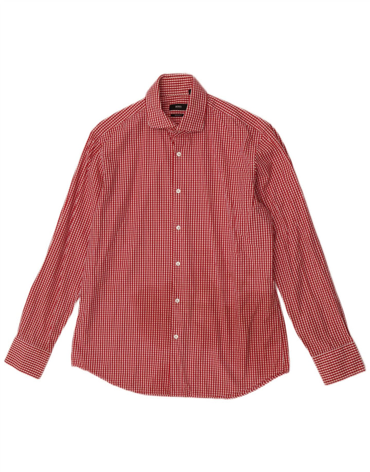 Hugo Boss Mens Regular Fit Shirt Size 41 16 Large Red Gingham Cotton