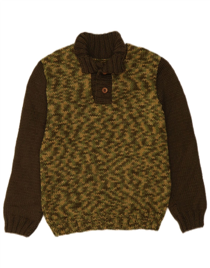 Vintage Womens Button Neck Jumper Sweater UK 14 Medium Khaki Colourblock