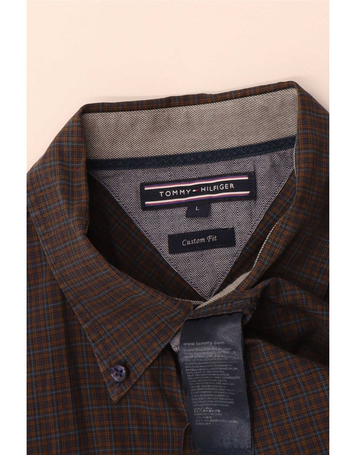 Tommy Hilfiger Mens Custom Fit Shirt Large Brown Check Cotton