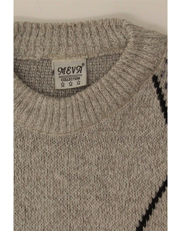 vintage Mens Crew Neck Jumper Pull Grande laine géométrique grise