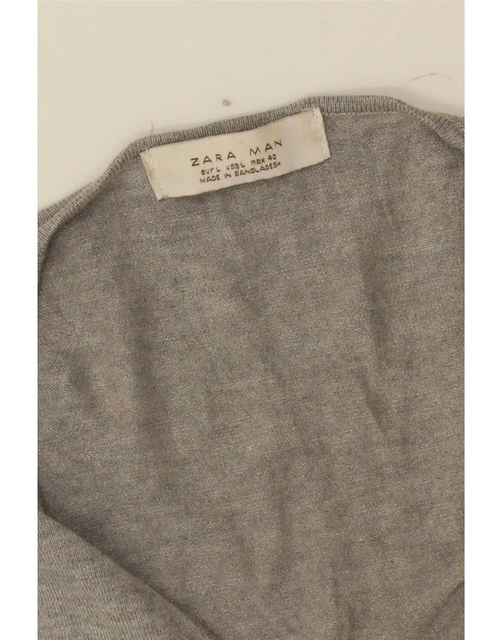 Zara Mens V-Neck Jumper Sweater Large Grey
