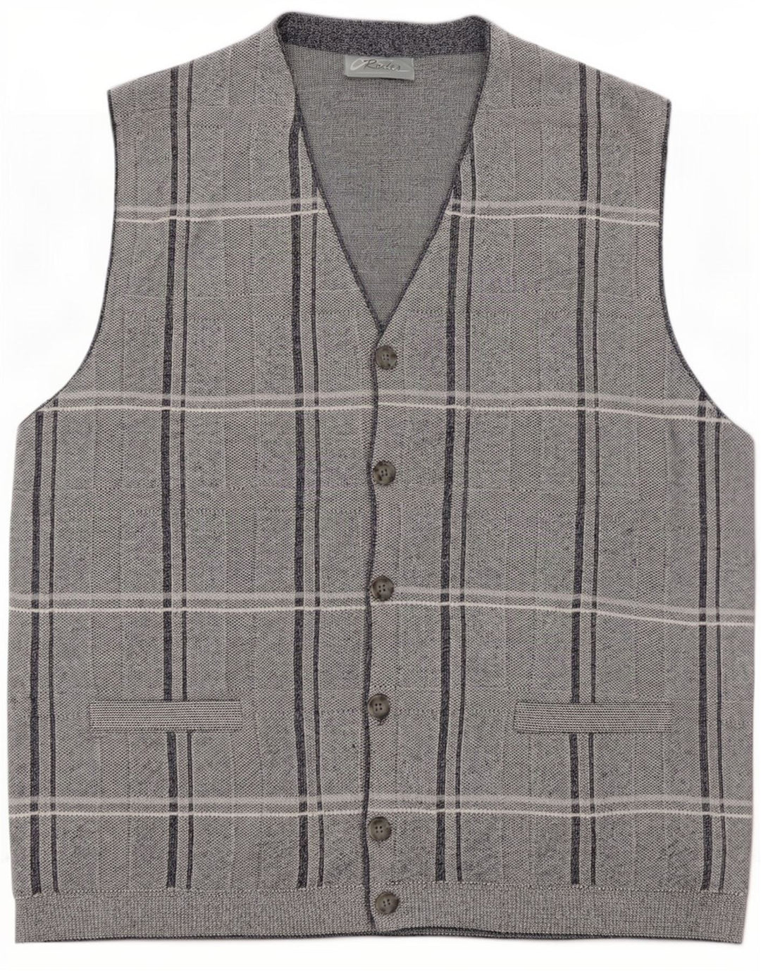 Rodes Mens Sleeveless Cardigan Sweater Medium Grey Check Acrylic